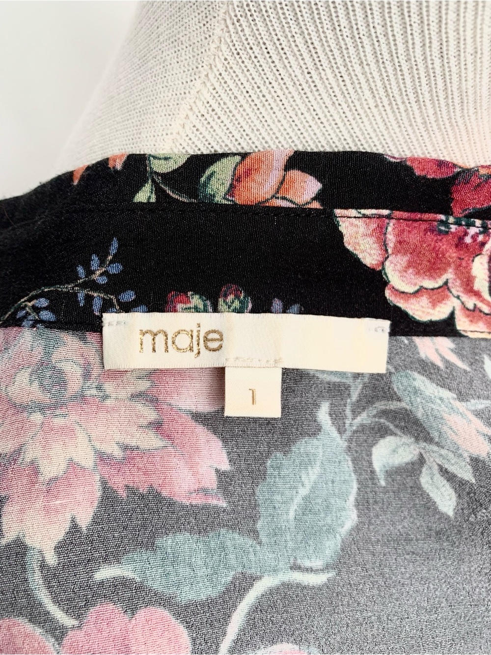Maje Black Floral Patchwork Button-Down Blouse with Cream Panels - Picture 6 of 7